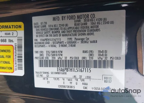 2020 Ford Mustang Ecoboost Fastback z USA, uszkodzony, nr VIN 1FA6P8TH1L5167115